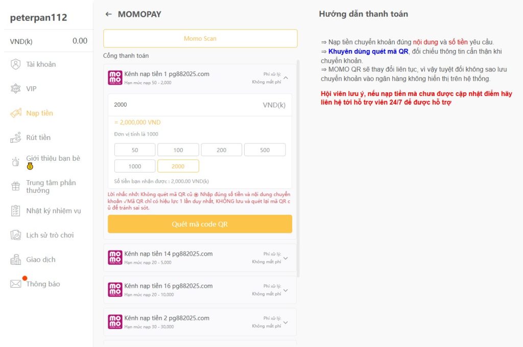 Điền thông tin giao dịch nạp MOMO